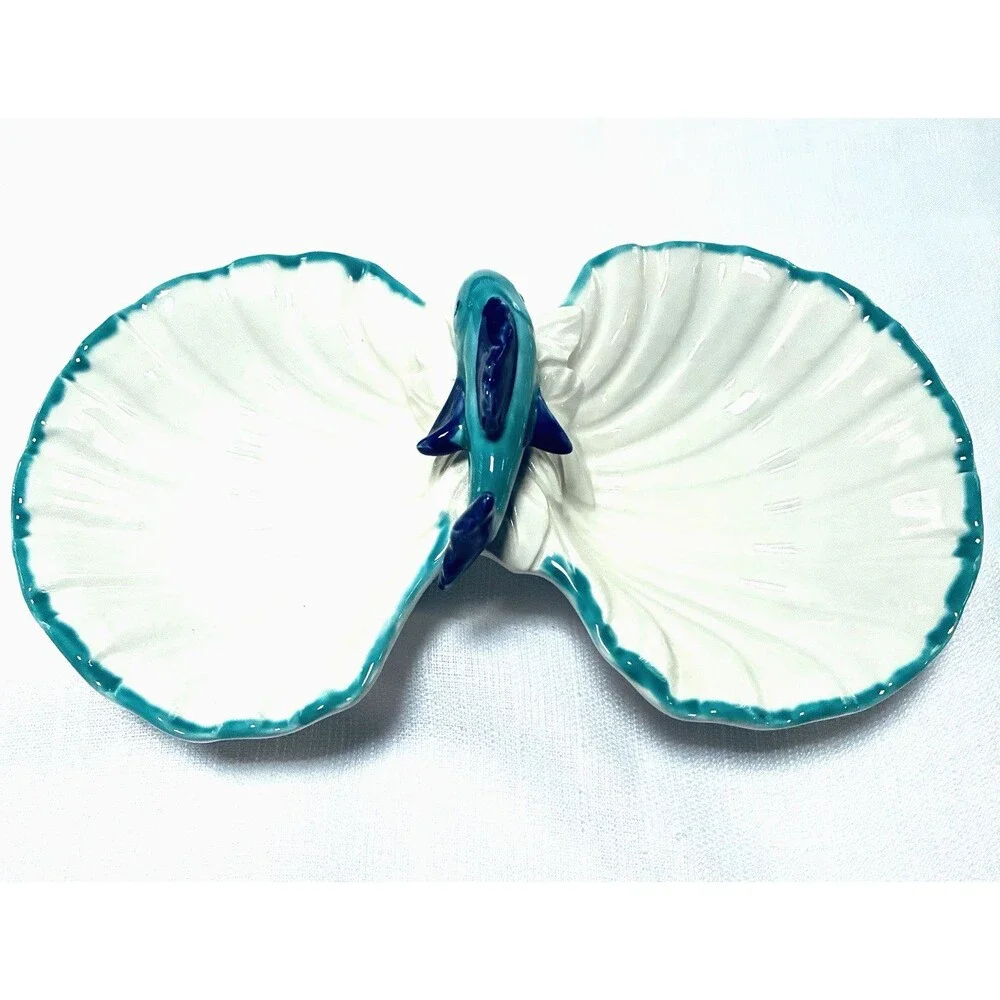 Vietri Scalloped Seashell Fish Double Bowl White Turquoise Made In Italy 9370/26